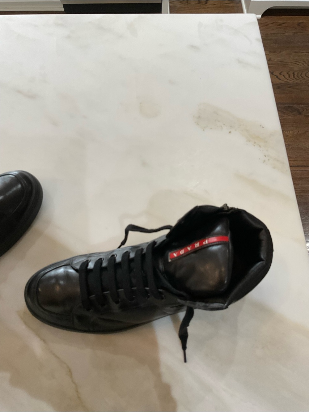 Prada Black High-Top Leather Sneakers with Red Logo Tape - Picture 3 of 8